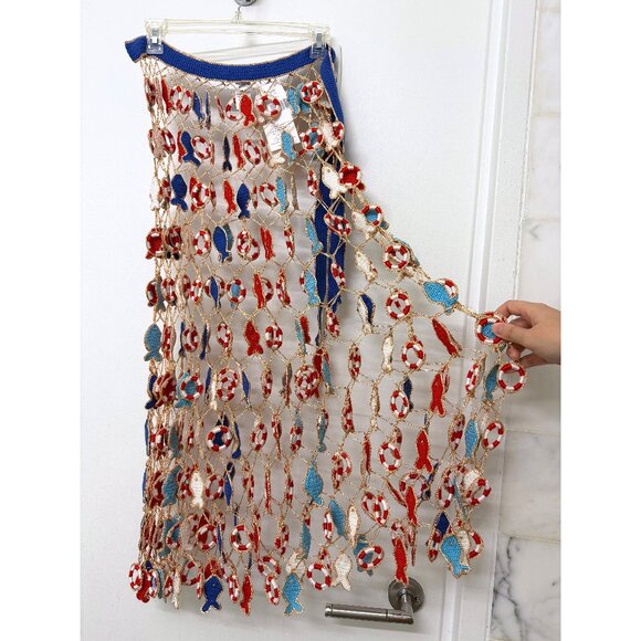 NWT My Beachy Side Poisson Knit Crochet Maxi Skirt Blue Fish Nautical Inner Tube - Picture 9 of 16